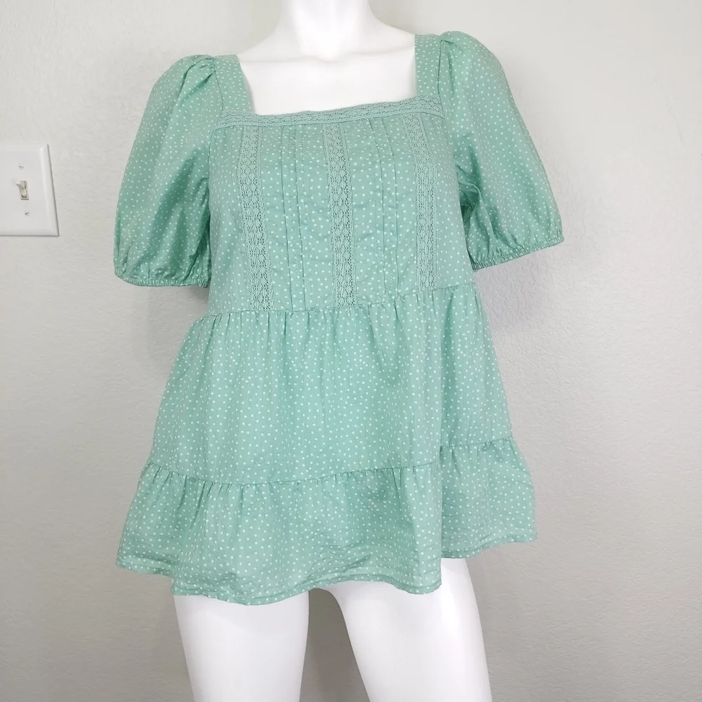 Loft‎ Dotted Lacy Tiered Square Neck  Top Size XS